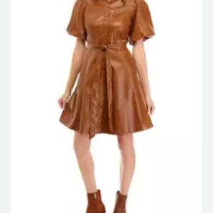 Maison Tara Tan women’s puff sleeve faux leather Dress/Belt